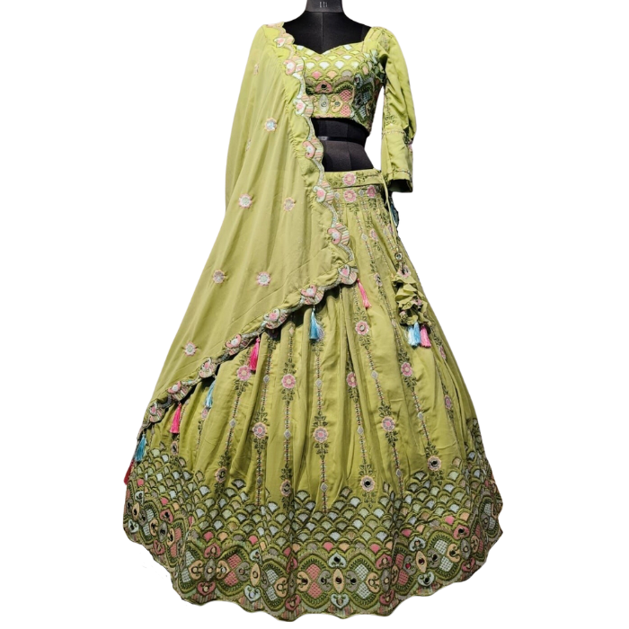DESIGNER MINT GREEN LEHENGA WITH MULTI RESHAM THREAD WORK AND MIRRORWORK