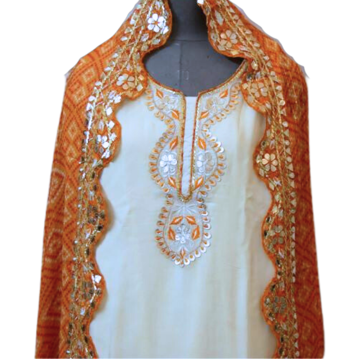 OFF WHITE TISSUE GEORGETTE KURTA WITH ORANGE GEORGETTE BANDHANI GARARA AND CHIFFON DUPATTA