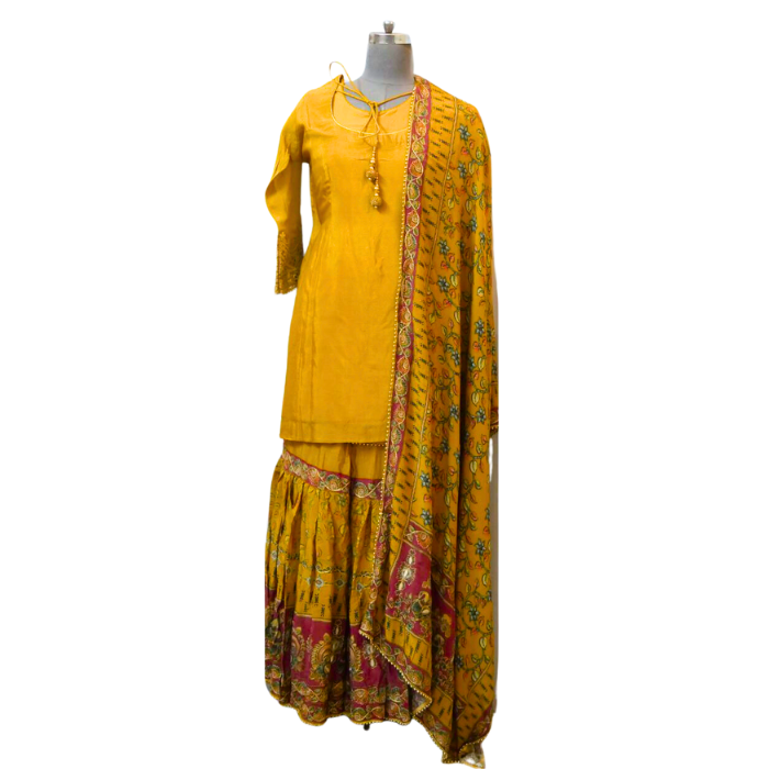 MUSTARD YELLOW CREPE SILK SHARARA WITH FINE GOTA WORK