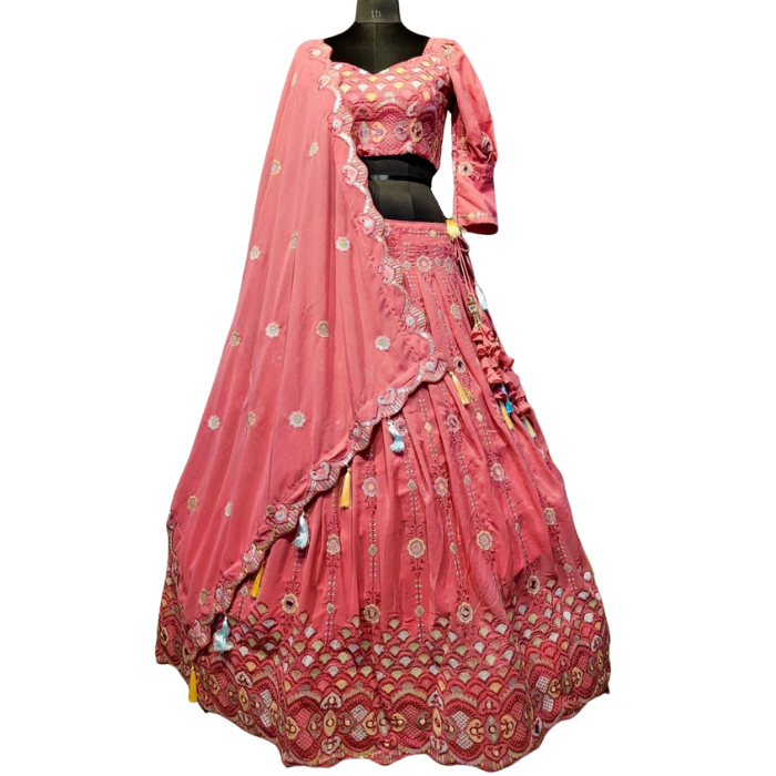 DESIGNER LEHENGA GEORGETTE FABRIC WITH INTRICATE RESHAM THREADWORK WITH SEQUINS AND EMBROIDERY