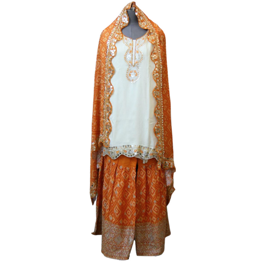 OFF WHITE TISSUE GEORGETTE KURTA WITH ORANGE GEORGETTE BANDHANI GARARA AND CHIFFON DUPATTA