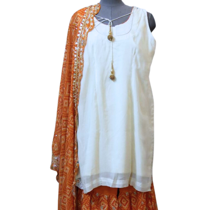 OFF WHITE TISSUE GEORGETTE KURTA WITH ORANGE GEORGETTE BANDHANI GARARA AND CHIFFON DUPATTA