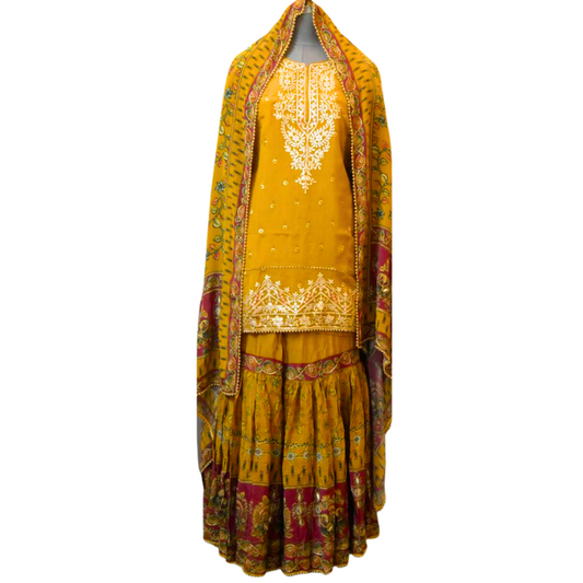 MUSTARD YELLOW CREPE SILK SHARARA WITH FINE GOTA WORK