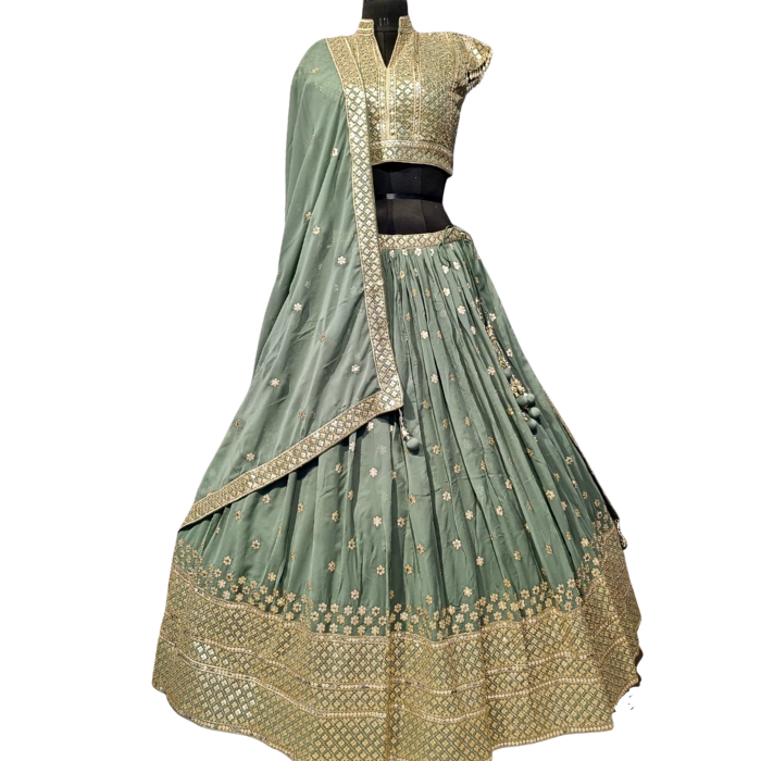 DESIGNER SAGE GREEN GEORGETTE LEHENGA WITH INTRICATE SEQUIN WORK