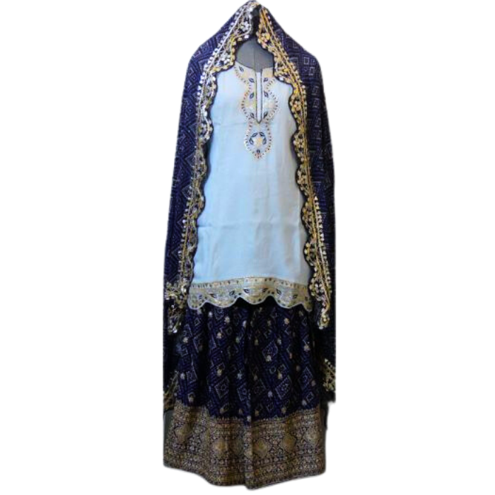 SHARARA SET WITH ICE BLUE KURTA AND NAVY BANDHANI SHARARA WITH INTRICATE WORK AND CHIFFON DUPATTA